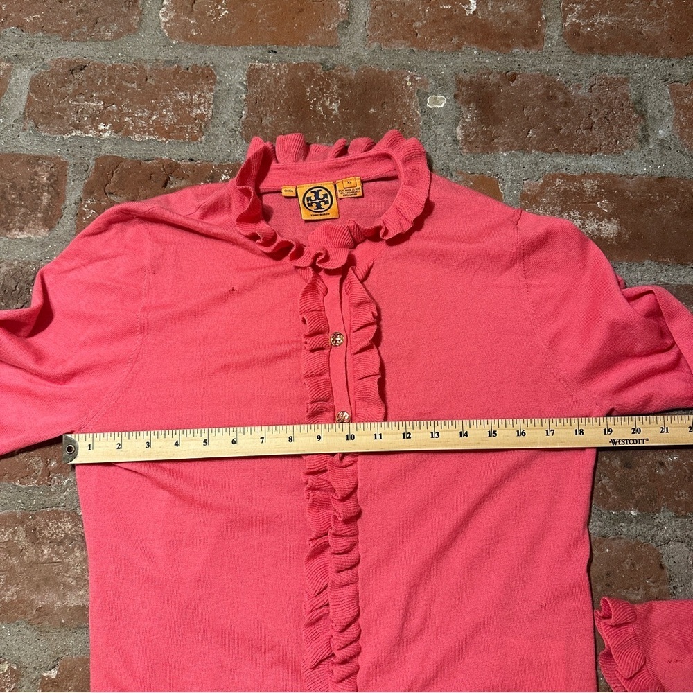 Tory Burch Bright Pink Ruffle Wool Cashmere Button Up Knit Cardigan Sweater XL - Picture 9 of 16